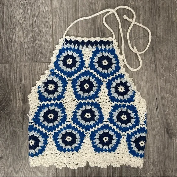 Sea NY Hayden Crochet Halter Top Blue White Size XS